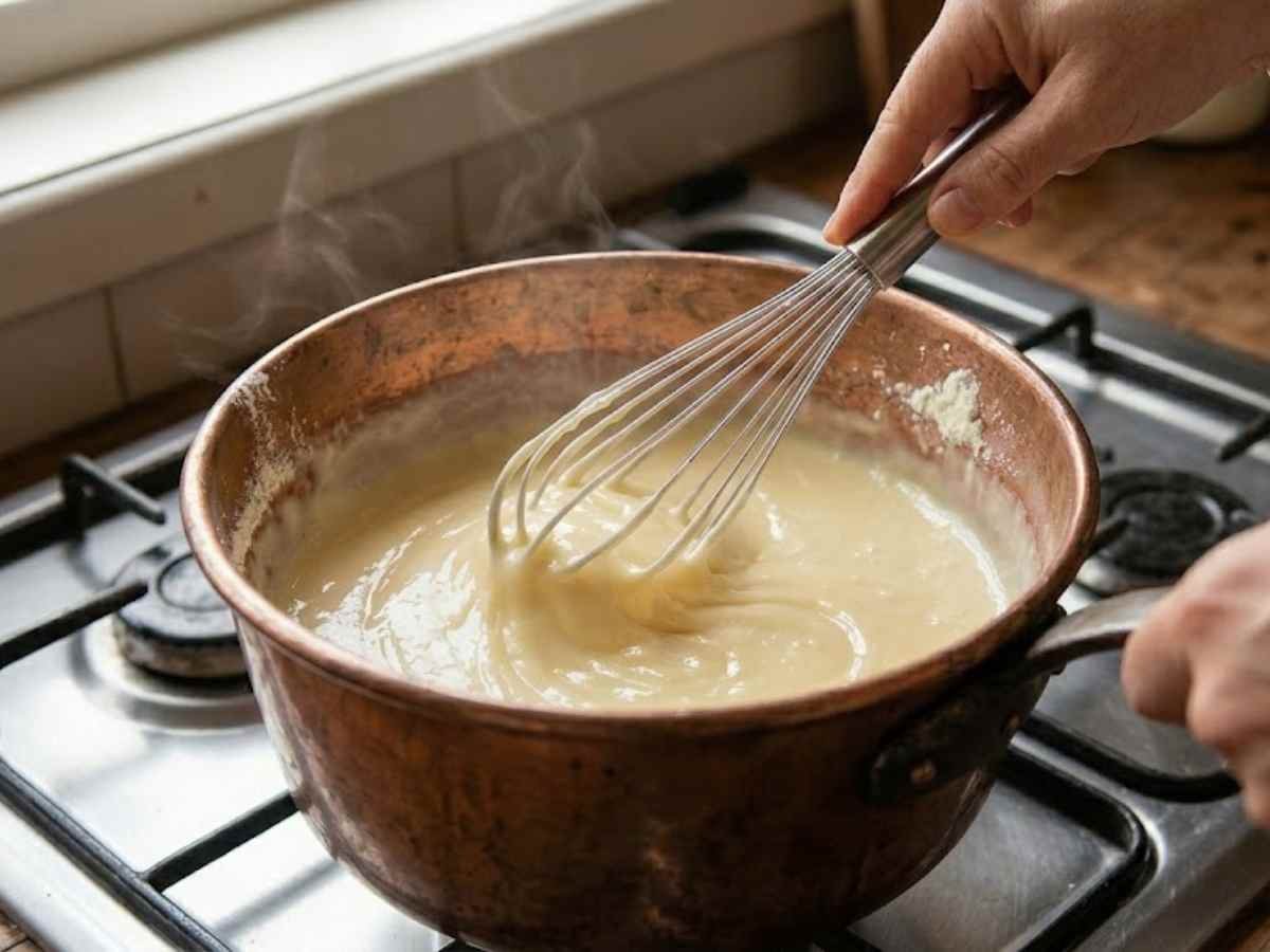 Ovo de Páscoa de Travessa "Morango do Amor": A sobremesa de 15 minutos que substitui o ovo de R$ 100 #128 Passo 1 da Receita de Ovo de Páscoa de Travessa - Começando a mágica na panela de fundo grosso: mexendo o creme de leite em pó com o batedor de arame até atingir a textura sedosa e densa do 'moça mole'.