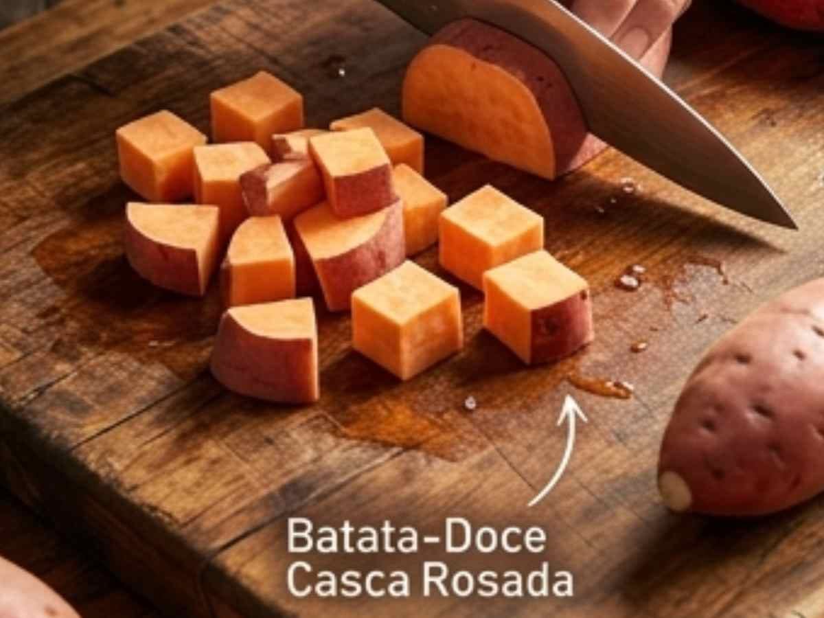 Pare de comer batata murcha: o segredo do choque térmico para a Batata Doce na Air Fryer ficar crocante de verdade #130 Passo 1 da Receita de Batata-Doce na Air Fryer - cortando as batatas-doces em cubos uniformes sobre uma tábua de madeira.