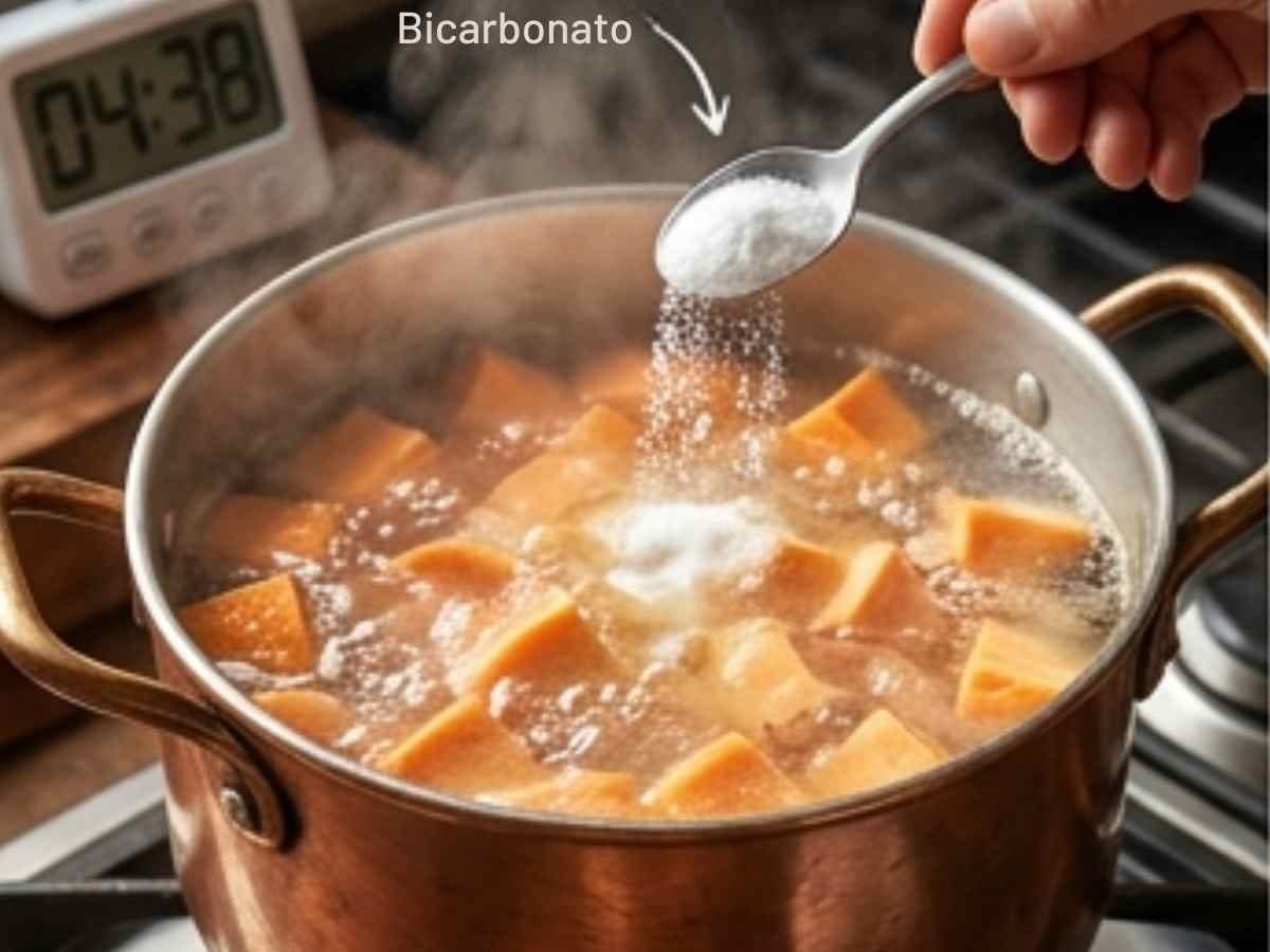 Pare de comer batata murcha: o segredo do choque térmico para a Batata Doce na Air Fryer ficar crocante de verdade #130 Passo 2 da Receita de Batata-Doce na Air Fryer - tacando as batatas na água fervente com bicarbonato para criar a superfície porosa.